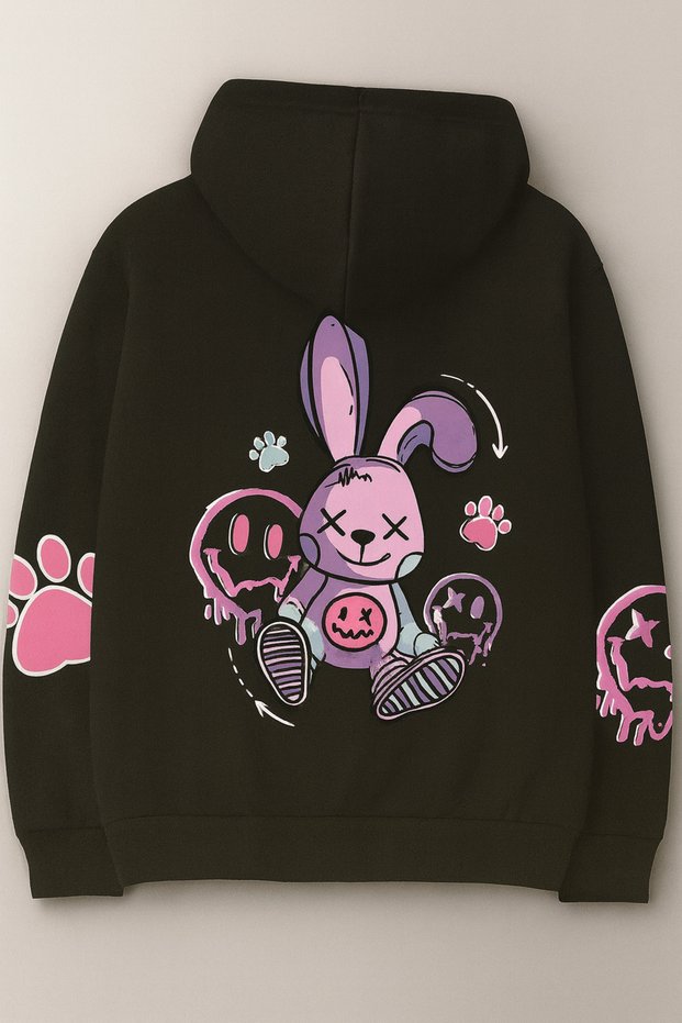 Unisex Oversize 3 Thread Hoodie 🐰 🐾 Bunny Patterned Hooded Sweatshirt Casual Comfortable Streetwear Style