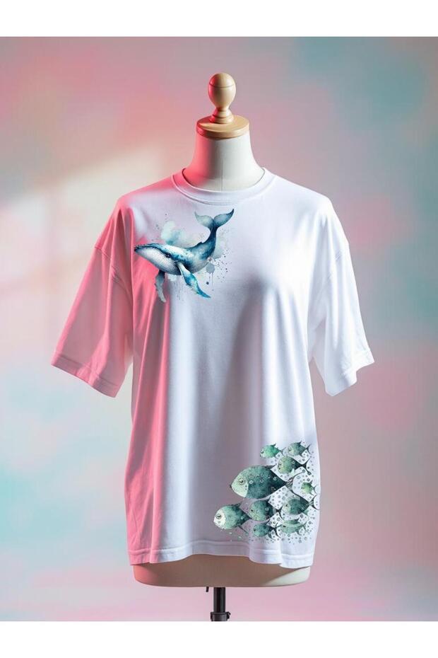 Fish Printed Oversize White Tshirt