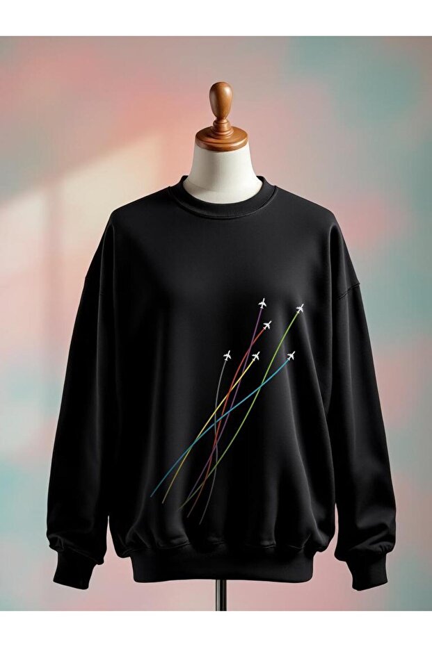 Airplane Printed Cotton 3 Thread Oversized Black Sweatshirt
