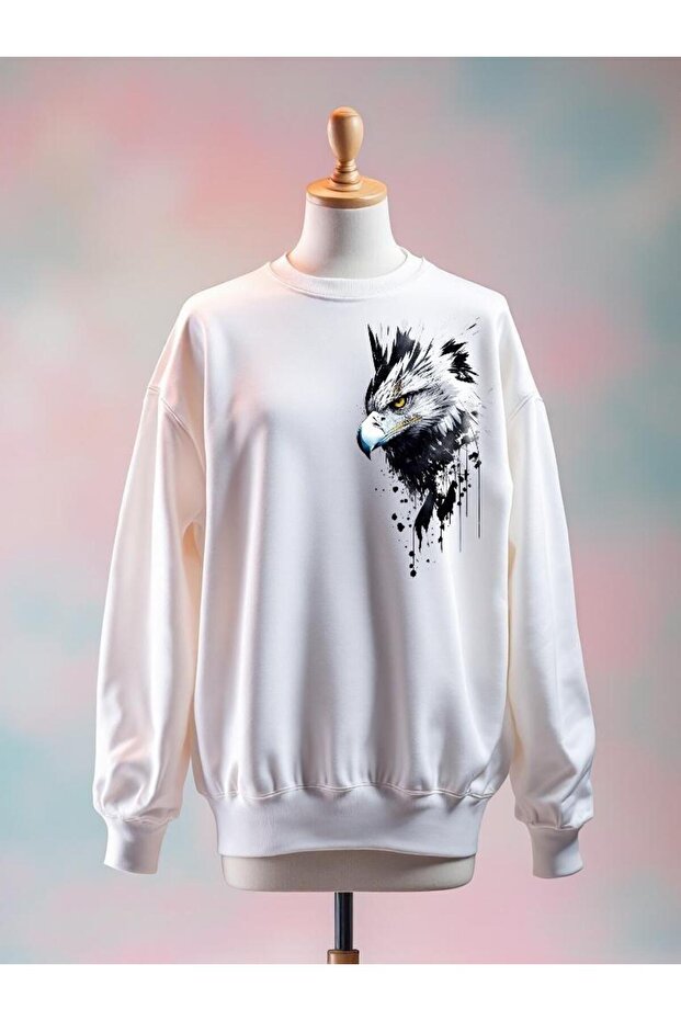 Eagle Printed Cotton 3 Thread Oversized White Sweatshirt