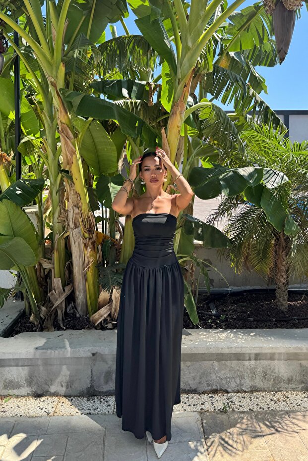 Drapeli Straplez Uzun Elbise - 3