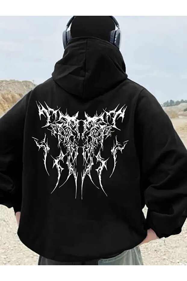 Oversized Zippered Black Unisex Hooded Cardigan with Mask Detail