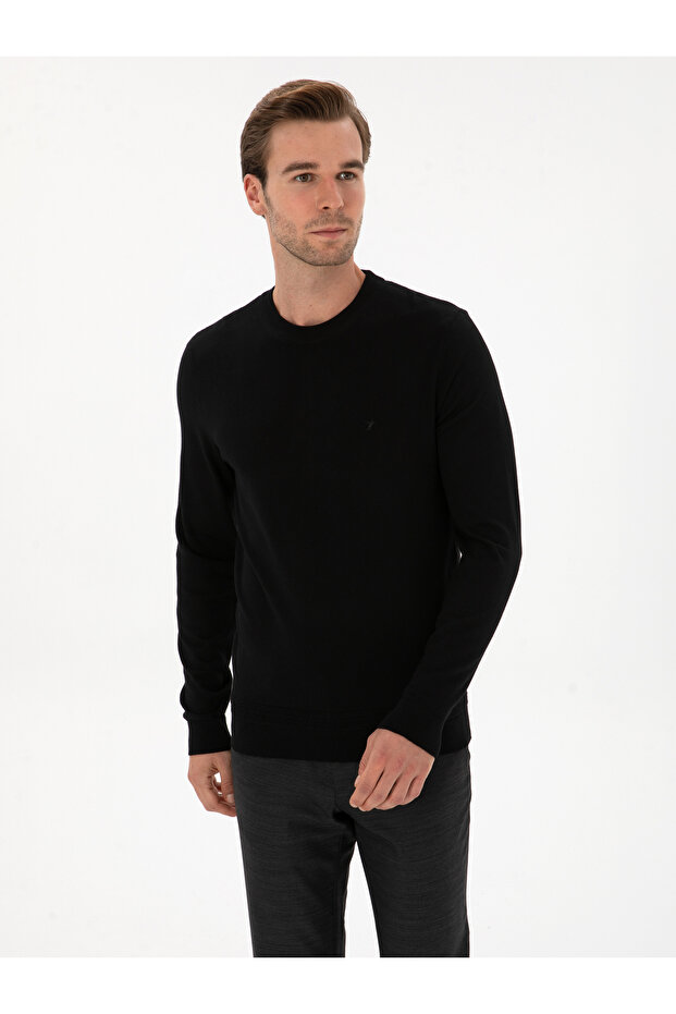 Black Slim Fit Wool Blend Crew Neck Knitwear Sweater 50311876-Vr046