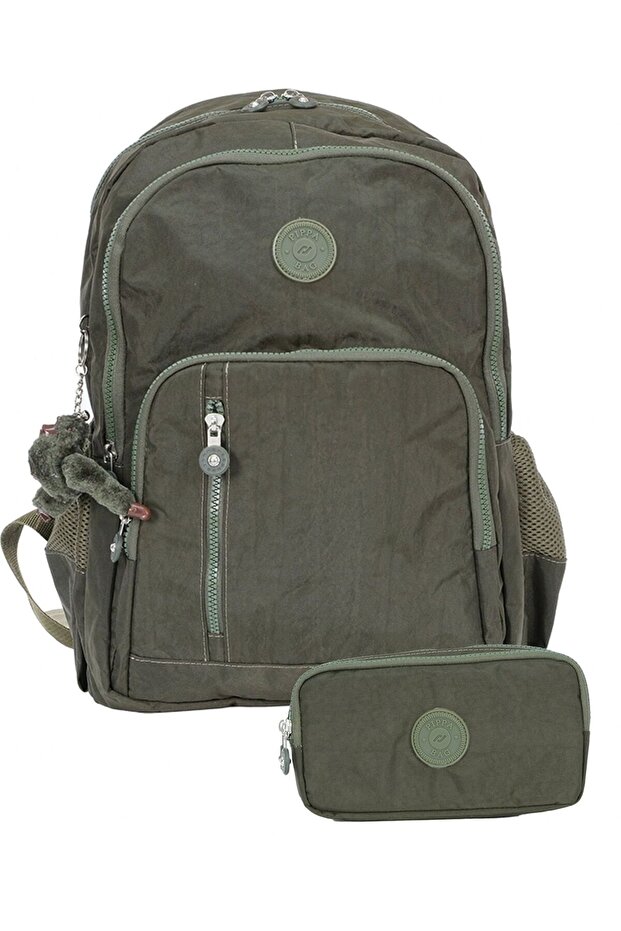 Crinkle Fabric School Bag and Two-Compartment Pencil Case (Girls and Boys - Green - Setppcnt8030-02)