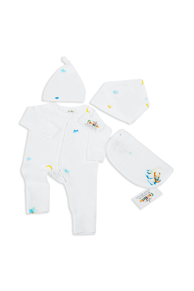 Sleeping Blue Teddy Bear Baby Set Combo 4 pcs, Sleep suit/Burp cloth/Hat/Bib