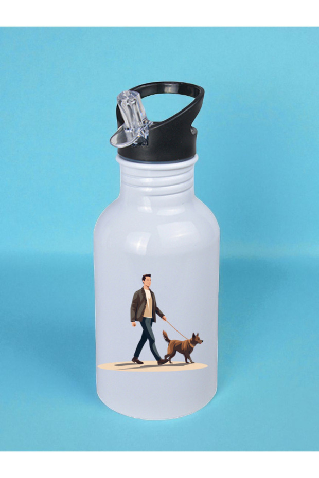 Man with a Dog Printed Water Bottle 600 ml - Sports Bottle, Large Water Bottle, Sports Bottle, Sports Bottles
