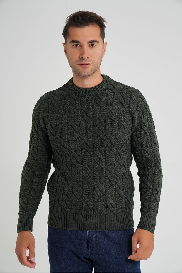 Men's Khaki Cycling Collar Hair Braided Wool Sweater Trist-5346