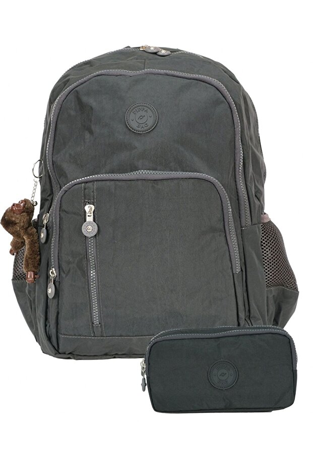 Crinkle Fabric School Bag and Two-Compartment Pencil Case (Girls and Boys - Dark Gray - Setppcnt8030-05)