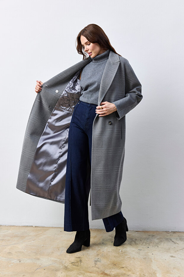 Oversize Uzun Gri Kaban - 5