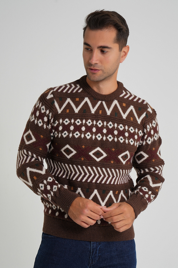 Trist Star Men's Brown Jacquard Patterned Cycling Collar Christmas Wool Sweater Trist-5348