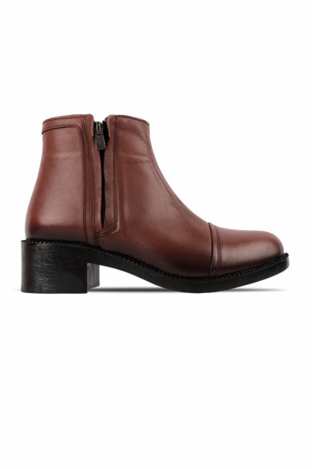 Kleos Women's Genuine Leather Double Zipper Front Seam Detailed Heeled Boots - Brown