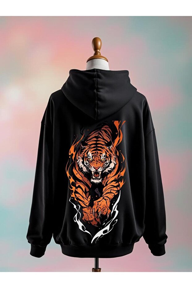 Tiger Printed Cotton 3 Thread Oversized Black Sweatshirt