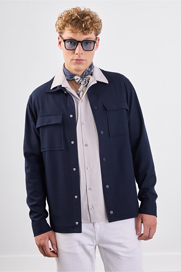 Navy Blue Overshirt with Snap Closure Pockets