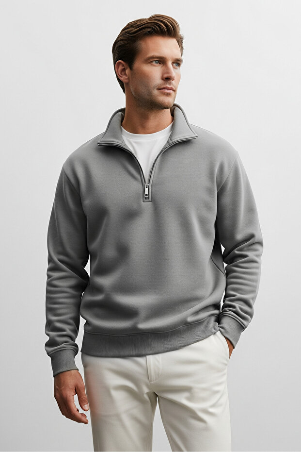 Men's Half Zipper Loose Gray Sweatshirt
