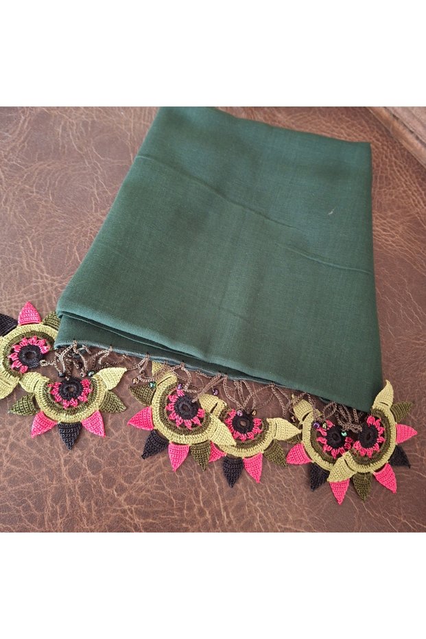 Handmade cotton crochet, green and colorful women's scarf.
