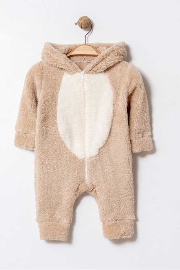 Winter Sweet Baby Boy Plush Hooded Zippered Jumpsuit