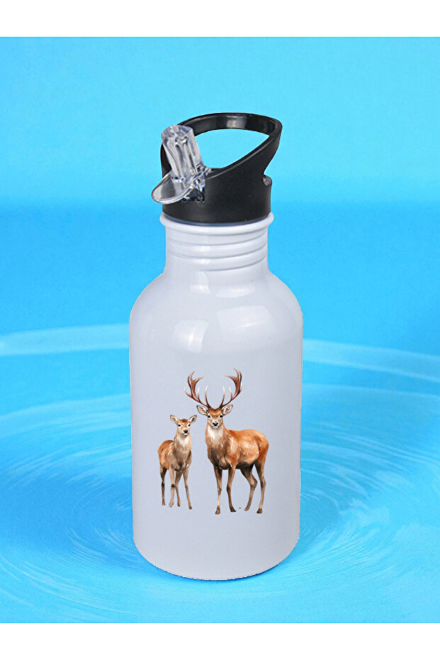 Deer Themed Flask Water Bottle 600 ml - Children's Water Bottle, Children's Water Flask