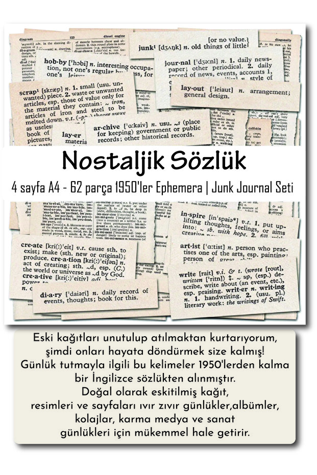 مجموعة ملصقات قاموس إنجليزي نوستالجي - أوراق نفاثة من الخمسينيات | دفتر مذكرات قمامة 62 قطعة (4 أوراق A4)