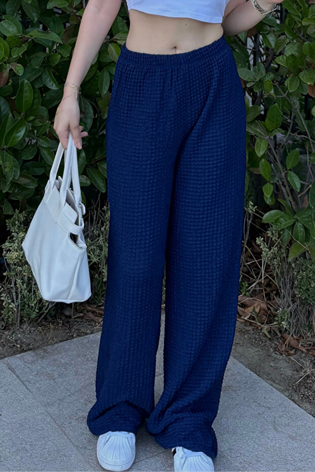 Women's Navy Blue High Waist Lycra Flowy Relax Bubble Pants