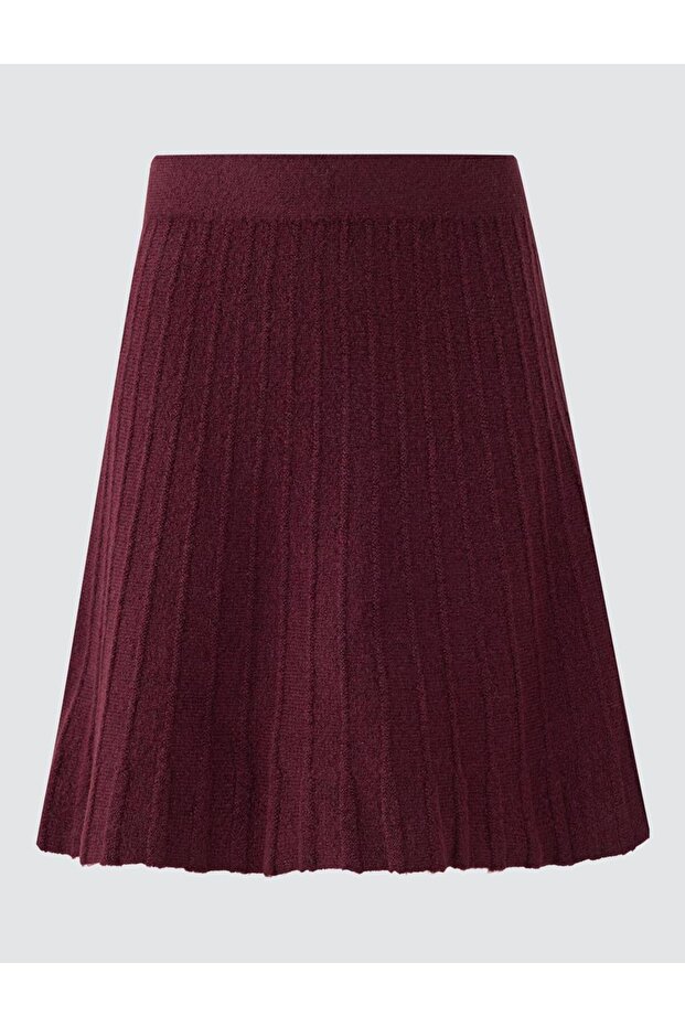 Bordo Yüksek Bel Piliseli Mini Triko Etek - 6