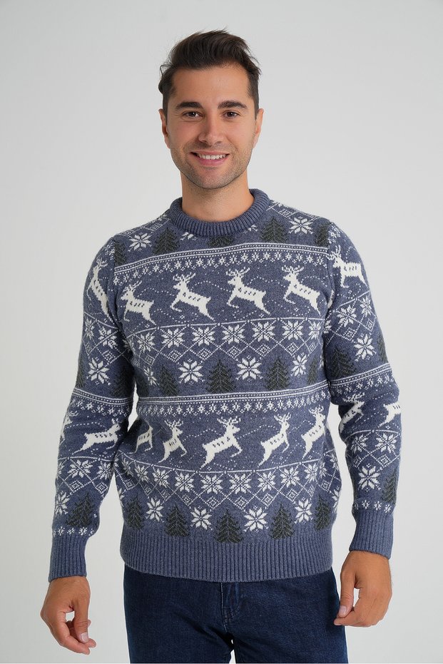 Trist Star Men's Indigo Cycling Collar Jacquard Deer Wool Christmas Sweater Trist-5360