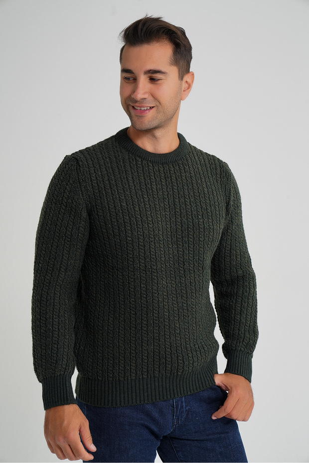 Trist Star Men's Khaki Cycling Collar Selanik Hair Braided Wool Sweater Trist-5352