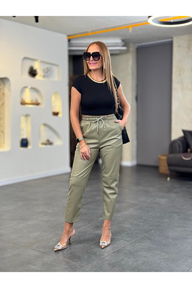 Elasticated Waist Piped Khaki Leather Trousers