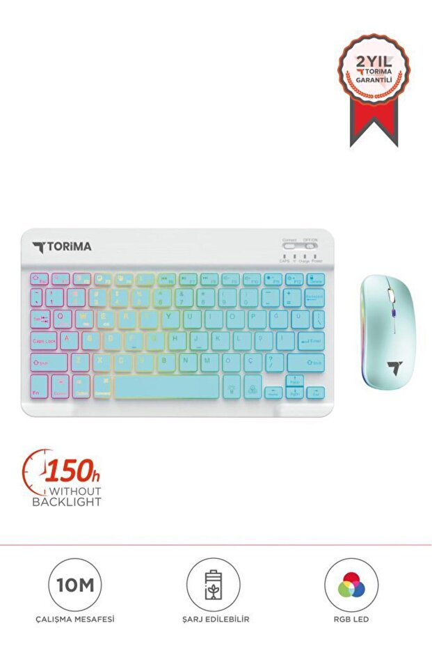 TMK-09 Mavi Şarj Edilebilir RGB Işıklı Kablosuz Klavye Mouse Seti - 1