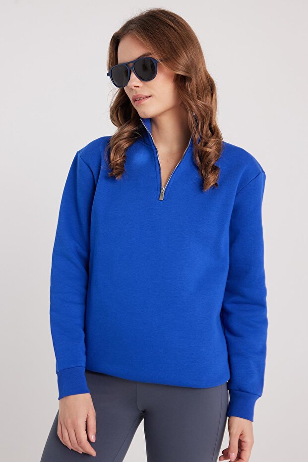 Women's Relax Fit Comfortable Cut Cotton Fleece Lined Half Zipper Sax Blue Stand Collar Sweatshirt