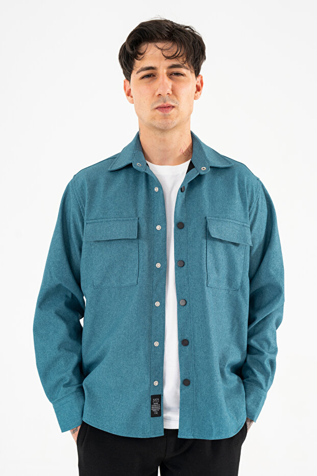 Men's Petrol Blue Oversize Shirt Jacket with Flap, Double Pockets and Snap Fasteners