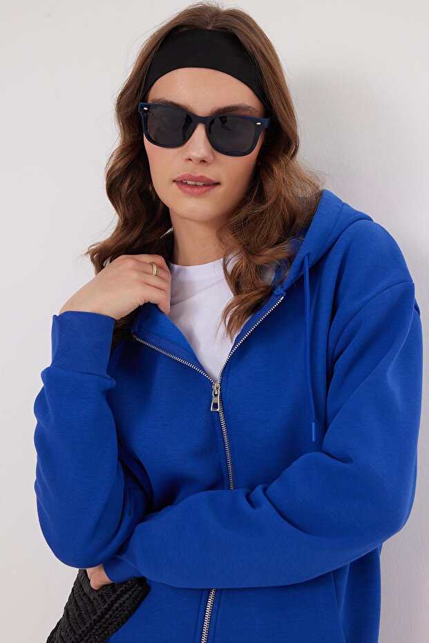 Women's Relax Fit Comfortable Cut Cotton Fleece Lined Double Pocket Zippered Sax Blue Hooded Sweatshirt