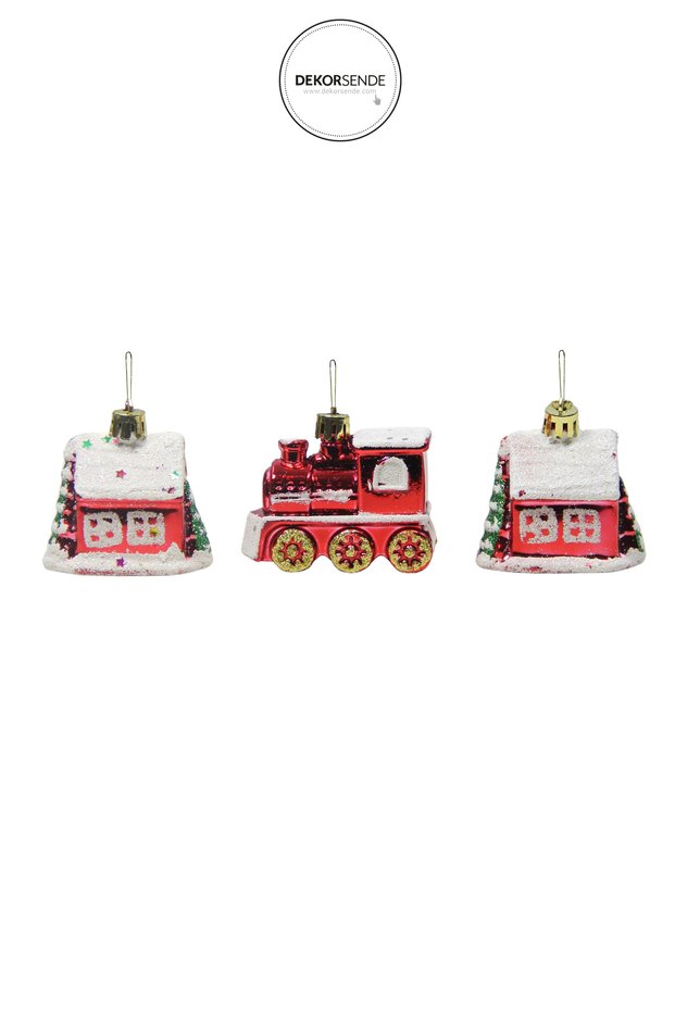 Christmas Ornament 3-Piece Train House Red 6 cm