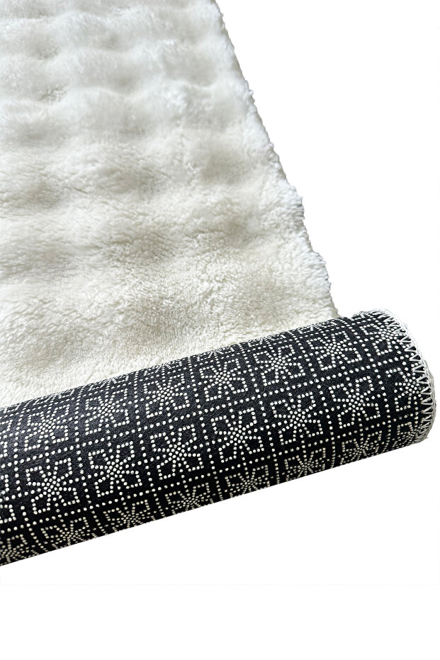 Fluffy Ekru Kaymaz Tabanlı Bubble Peluş Banyo Paspası Yıkabilir - 2