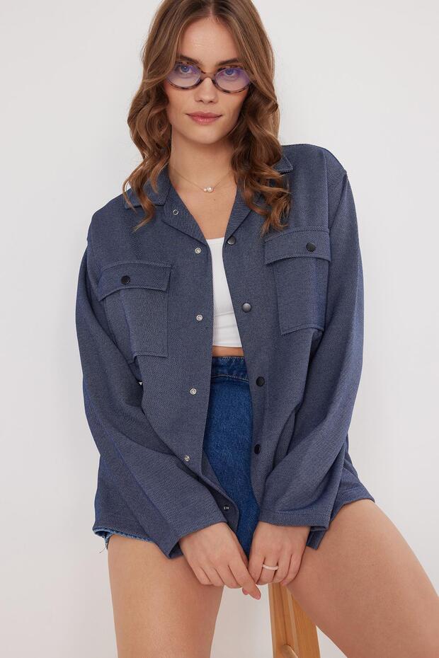 Women's Relax Fit Comfortable Cut Knitted Double Pocket Navy Blue Shirt