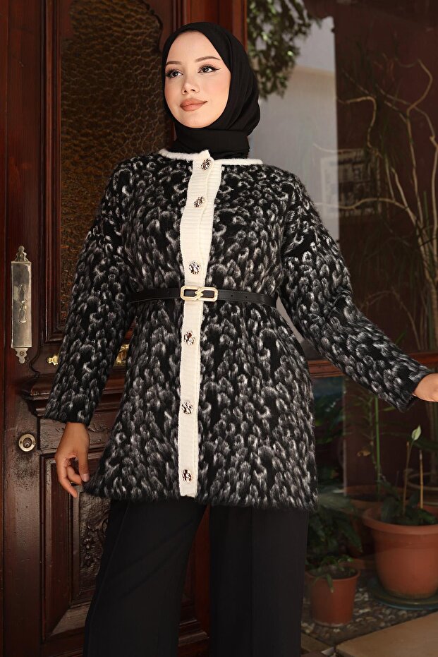 طقم تريكو بنقشة جلد الفهد باللون الأسود 6147 - 2