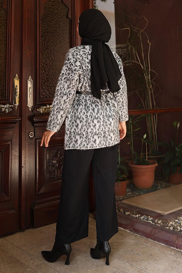 Leopard Patterned Knitwear Set Gray 6147 - 4