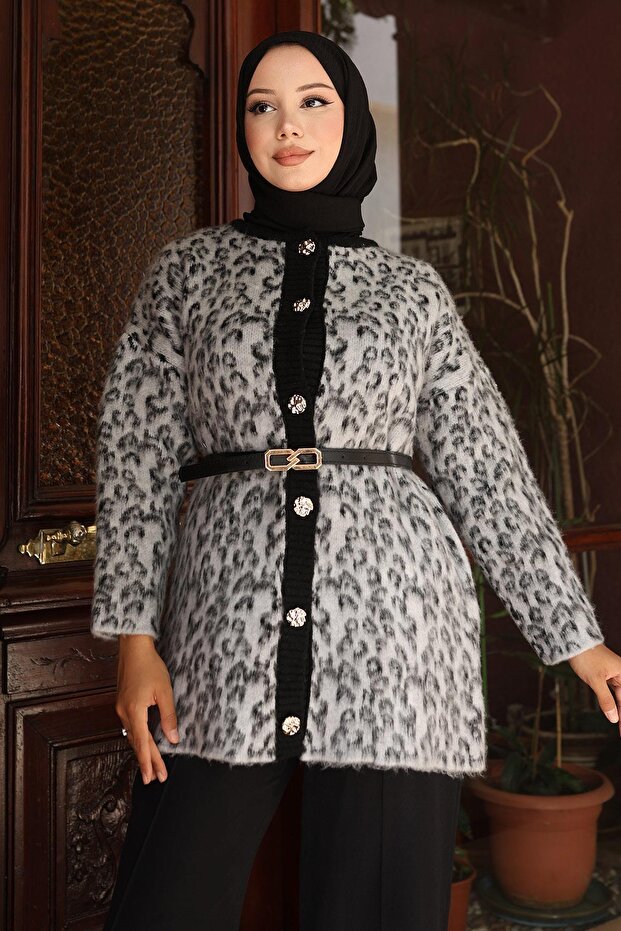 Leopard Patterned Knitwear Set Gray 6147 - 2