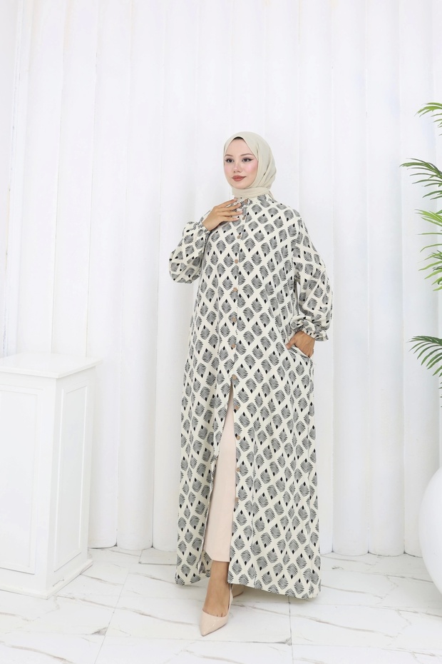 Buttoned Leaf Pattern Dress White