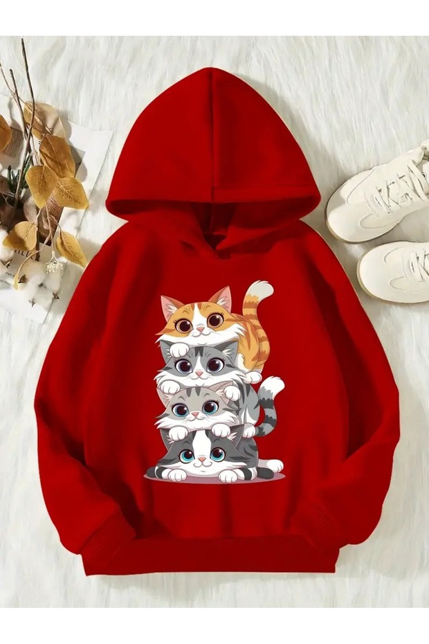 Winter Hooded Sweatshirt, Kids Kittens Printed