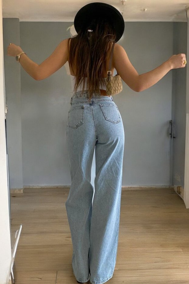Young Girl's Blue Washed High Waist Lycra Loose Wide Leg Jeans