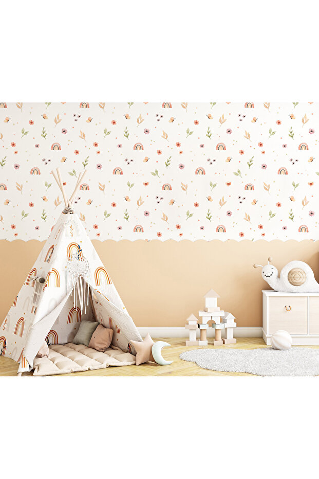 Minimal Gökkuşağı ve Yapraklar Desen Takibi Rainbow Çocuk Odası Duvar Kağıdı - 1