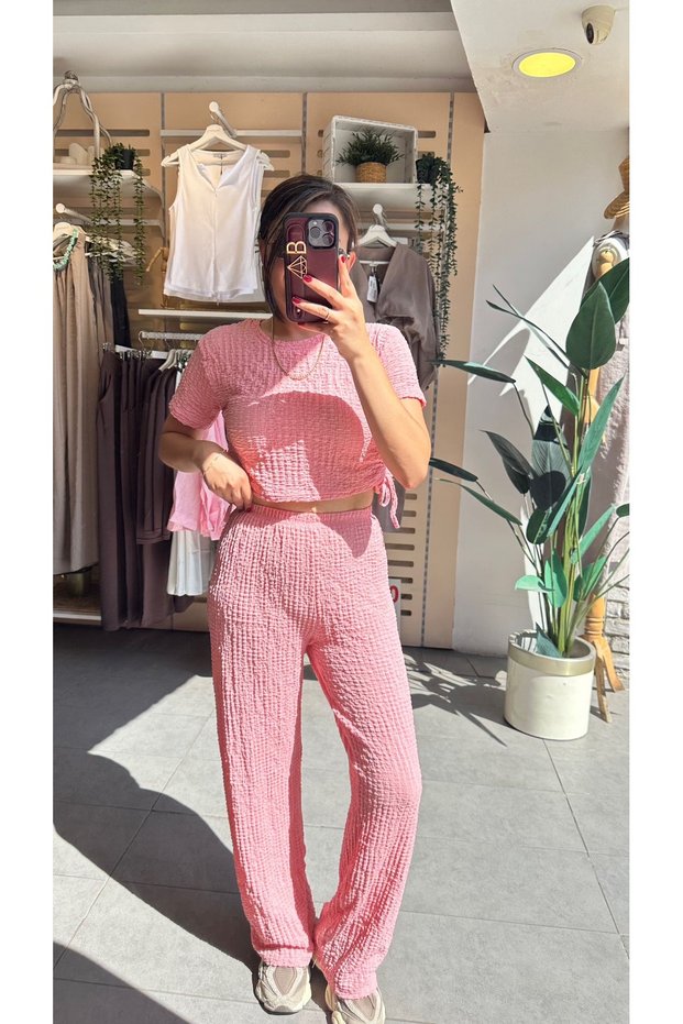 Bubble Knitted Fabric Women's Casual Wear Set with Lace-Up Sides