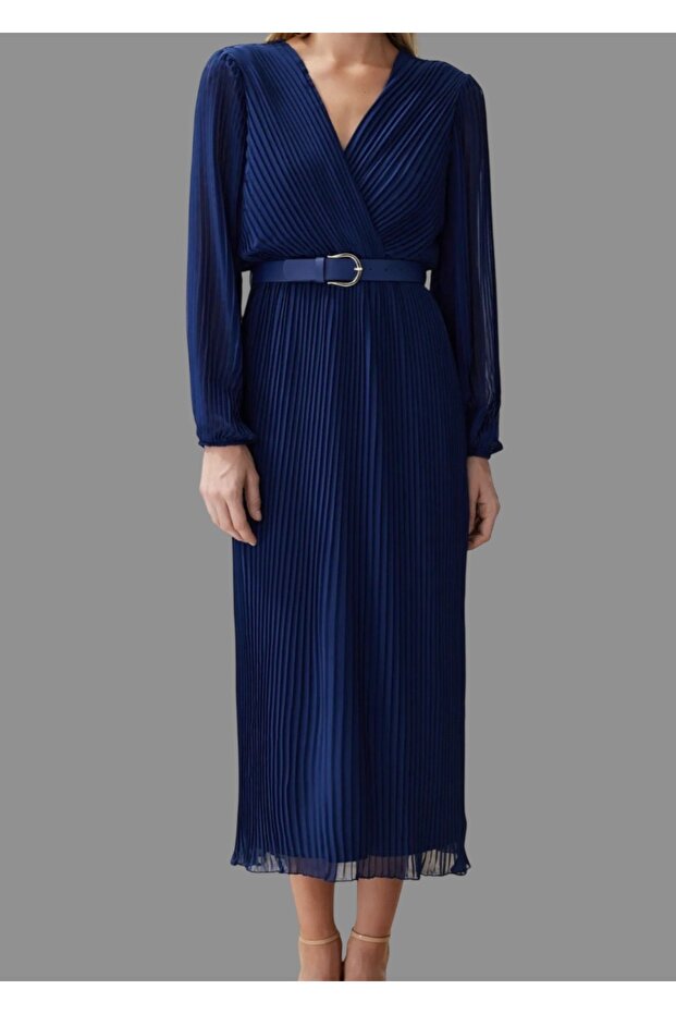 Lacivert Kemerli A Kesim Piliseli Maxi Astarlı Şifon Uçuş Uçuş Dokuma Elbise - 4