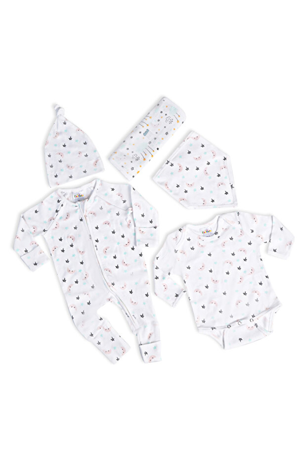 Clouds & Stars Baby Set 5. (Sleep suit/body suit/hat/bib/burp cloth)
