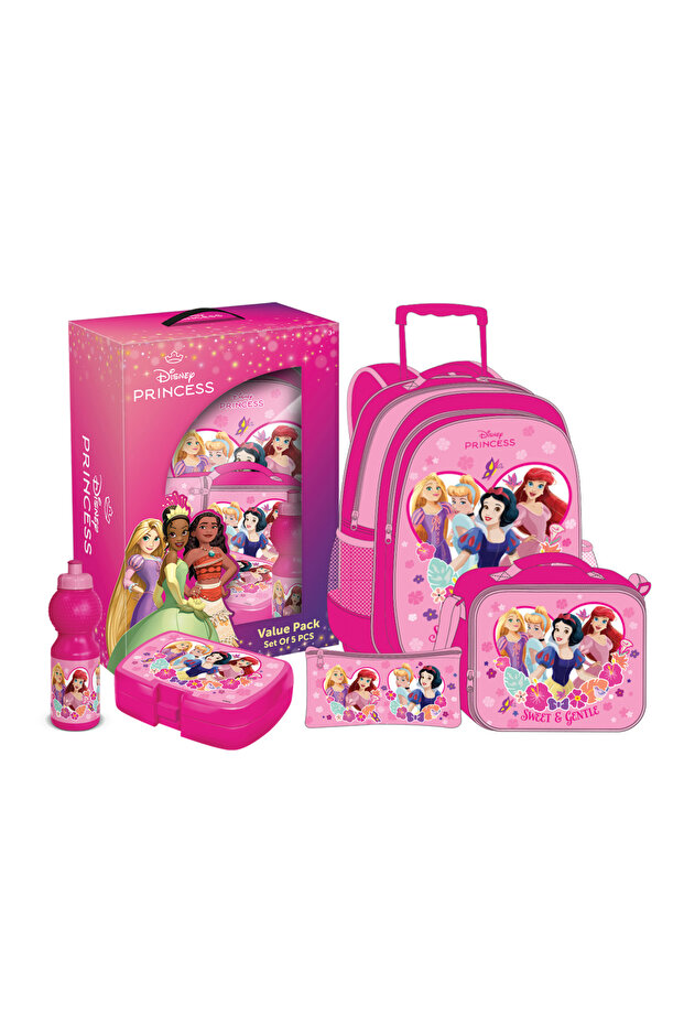 Princess 5 in 1 Value Pack-16" Trolley Bag with Lunch Box, Lunch bag, Water Bottle and Pencil Case