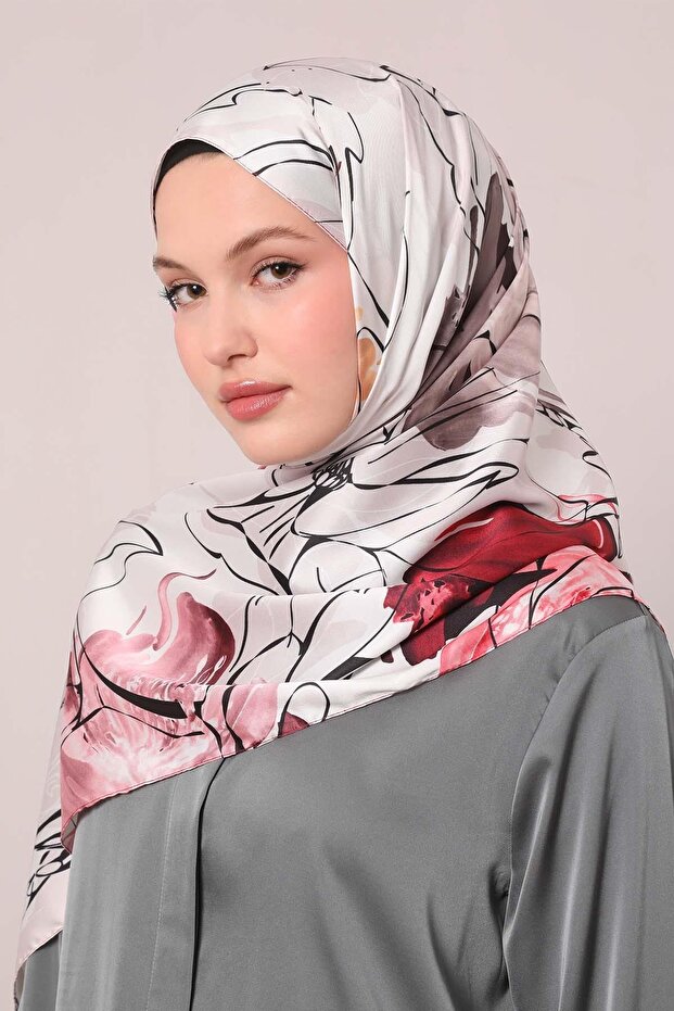 Pembe Soyut Çiçek Desen Twill Şal - 2