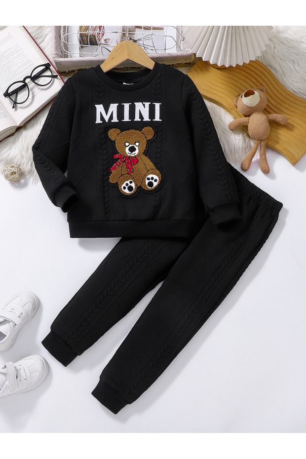 Black Textured Bear Patchwork Sweatshirt and Joggers Set