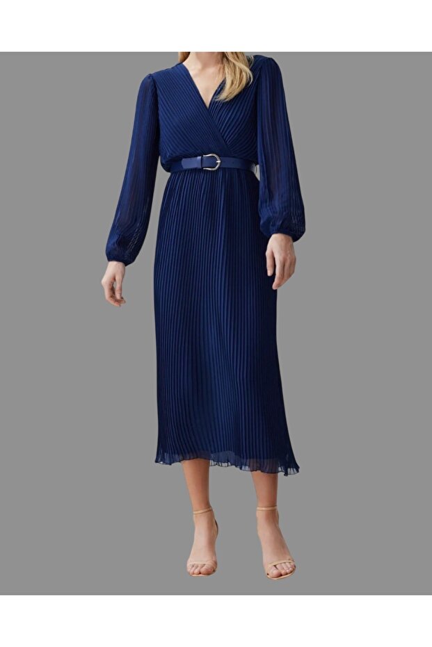 Lacivert Kemerli A Kesim Piliseli Maxi Astarlı Şifon Uçuş Uçuş Dokuma Elbise - 1