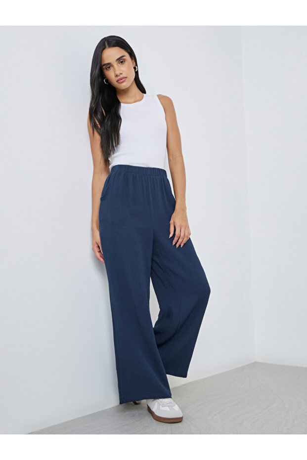 Women Navy Blue Double Gauze Wide Leg Pants