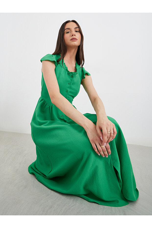 Solid Smocked Waist V-Neck Midi Dress
